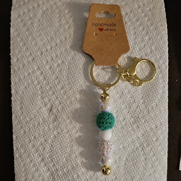 Handmade Beaded Keyfinder Purse Keychain with Green and Gold Accents - Picture 1 of 4